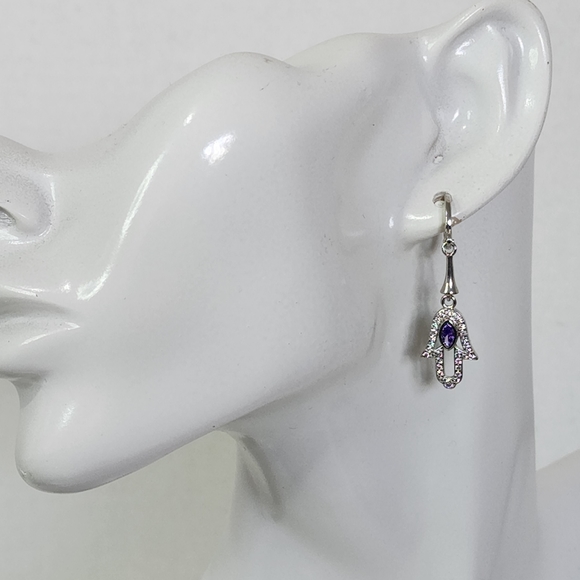 Silver Steel with Purple / Clear Zirconia Hamsa Hand Huggie Hoop Earrings - Picture 6 of 7